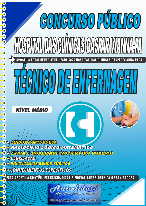 Capa de Apostila concurso FHCGV Hospital das Clínicas Gaspar Vianna 2026 Técnico de Enfermagem