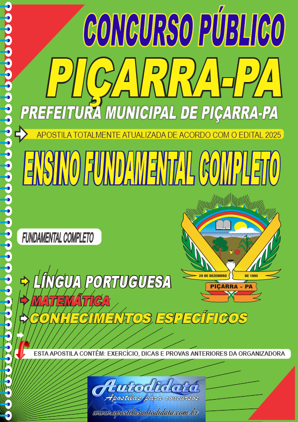 Capa de Apostila concurso Prefeitura de Piçarra-PA 2025 Fundamental Completo
