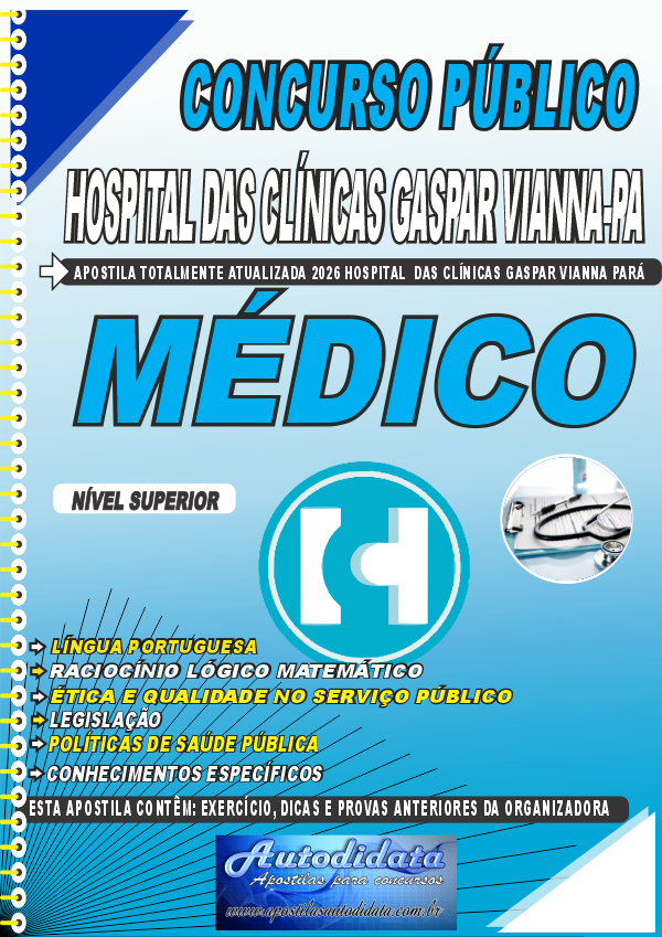 Capa de Apostila concurso FHCGV Hospital das Clínicas Gaspar Vianna 2026 Médico