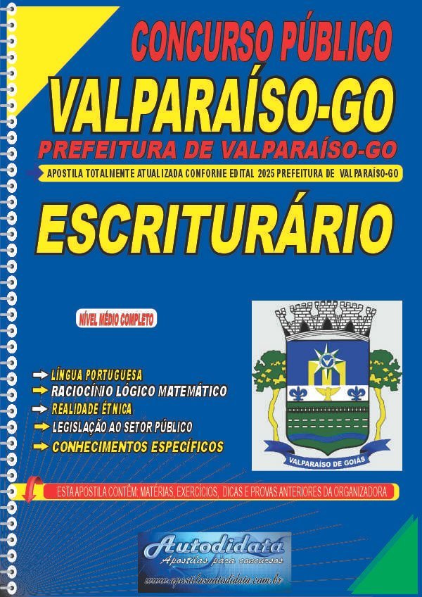 Capa de Apostila concurso da Prefeitura de Valparaíso GO 2025 Escriturário