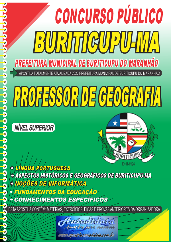 Capa de Apostila concurso de Buriticupu MA 2026 - Professor de Geografia