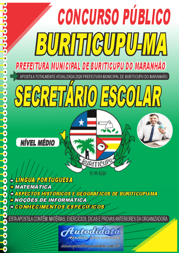 Capa de Apostila concurso de Buriticupu MA 2026 - Secretário Escolar