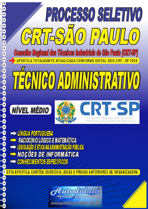 Capa de Apostila concurso CRT Conselho Regional dos Técnicos Industriais do Estado de São Paulo 2026 – Assistente Administrativo.