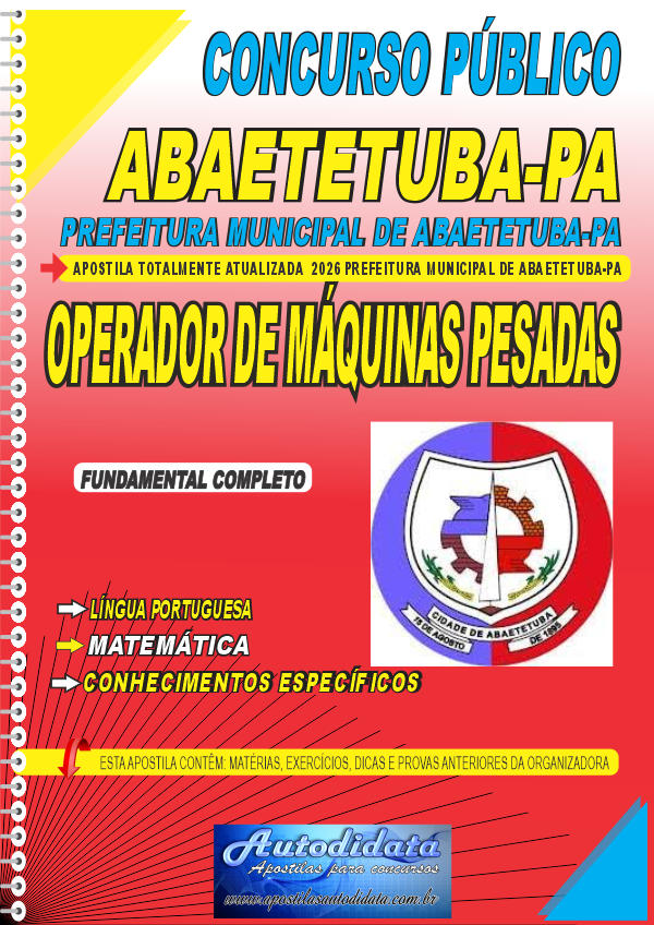 Capa de Apostila concurso Prefeitura de Abaetetuba PA 2026 Operador de Maquinas Pesadas