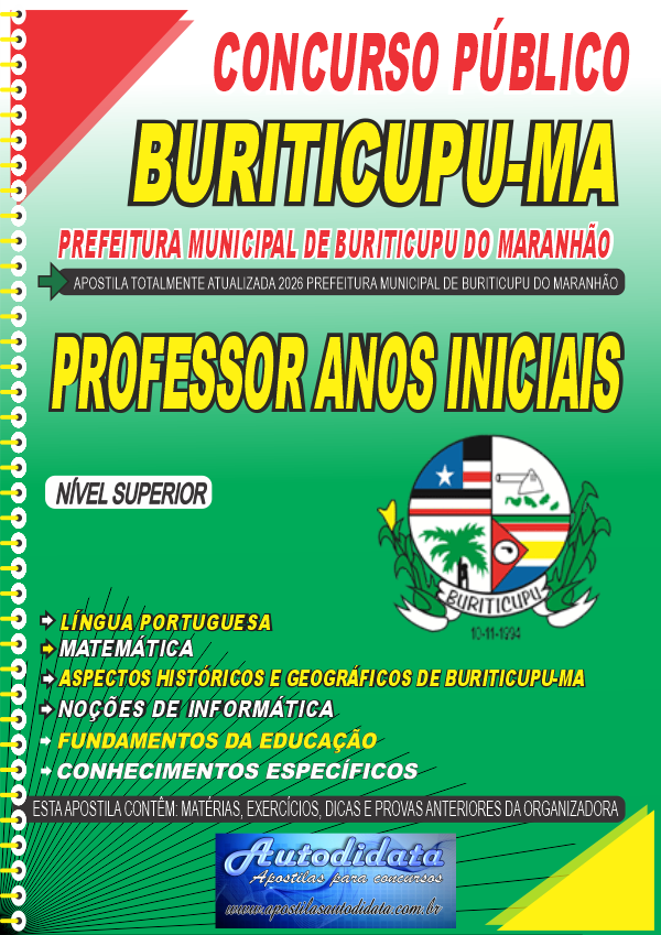 Capa de Apostila concurso de Buriticupu MA 2026 - Professor Ensino Fundamental Anos Iniciais