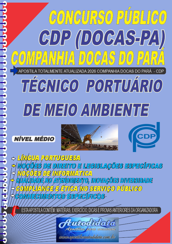 Capa de Apostila concurso Companhia Docas do Pará CDP PA 2026 - Técnico Portuário de  Meio Ambiente