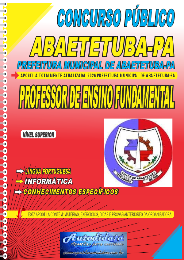 Capa de Apostila concurso Prefeitura de Abaetetuba PA 2026 Professor Anos Iniciais do Ensino Fundamental
