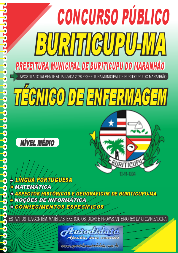 Capa de Apostila concurso de Buriticupu MA 2026 - Técnico em Enfermagem
