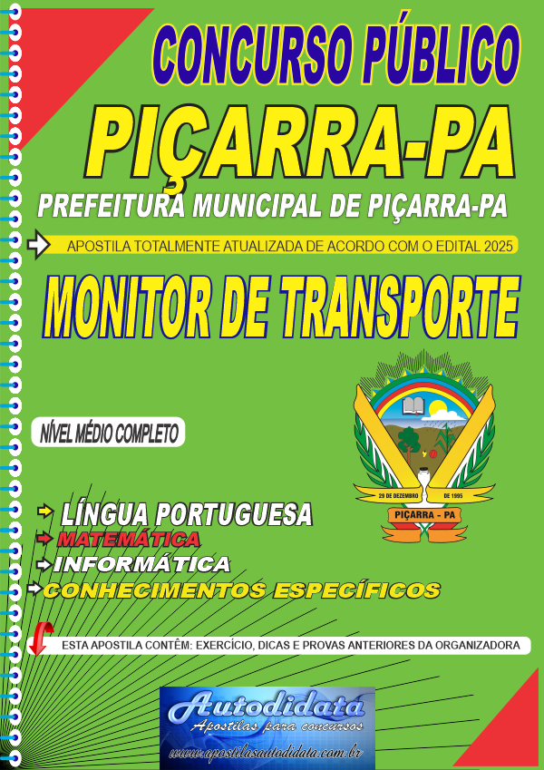 Capa de Apostila concurso Prefeitura de Piçarra-PA 2025 - Monitor de Transporte