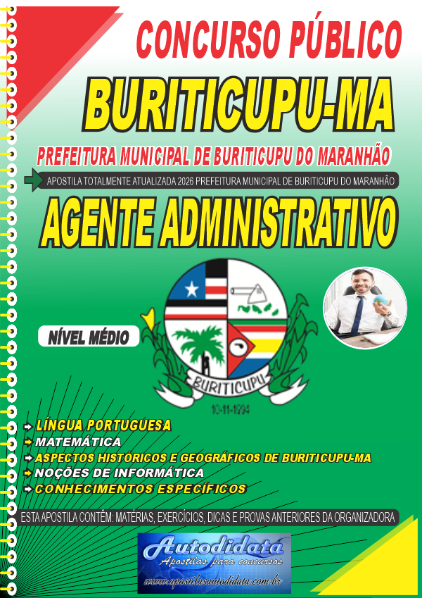 Capa de Apostila concurso de Buriticupu MA 2026 - Agente Administrativo