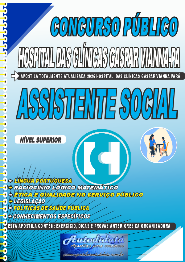 Capa de Apostila concurso FHCGV Hospital das Clínicas Gaspar Vianna 2026 Assistente Social