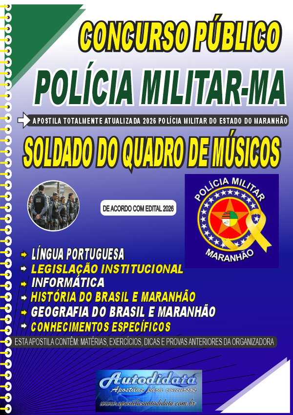 Capa de Apostila concurso Polícia Militar do Maranhão PM-MA 2026 - Soldado do Quadro de Músicos