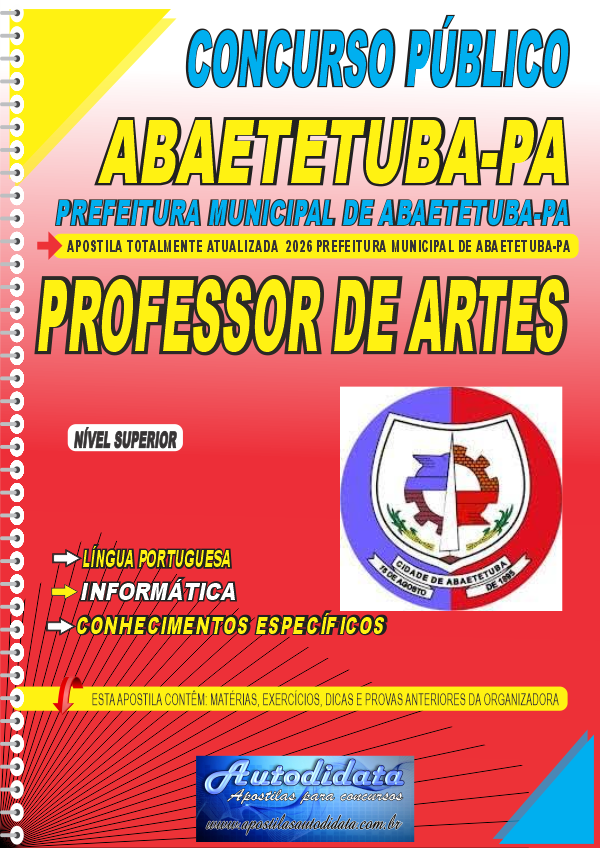Capa de Apostila concurso Prefeitura de Abaetetuba PA 2026 Professor de Artes